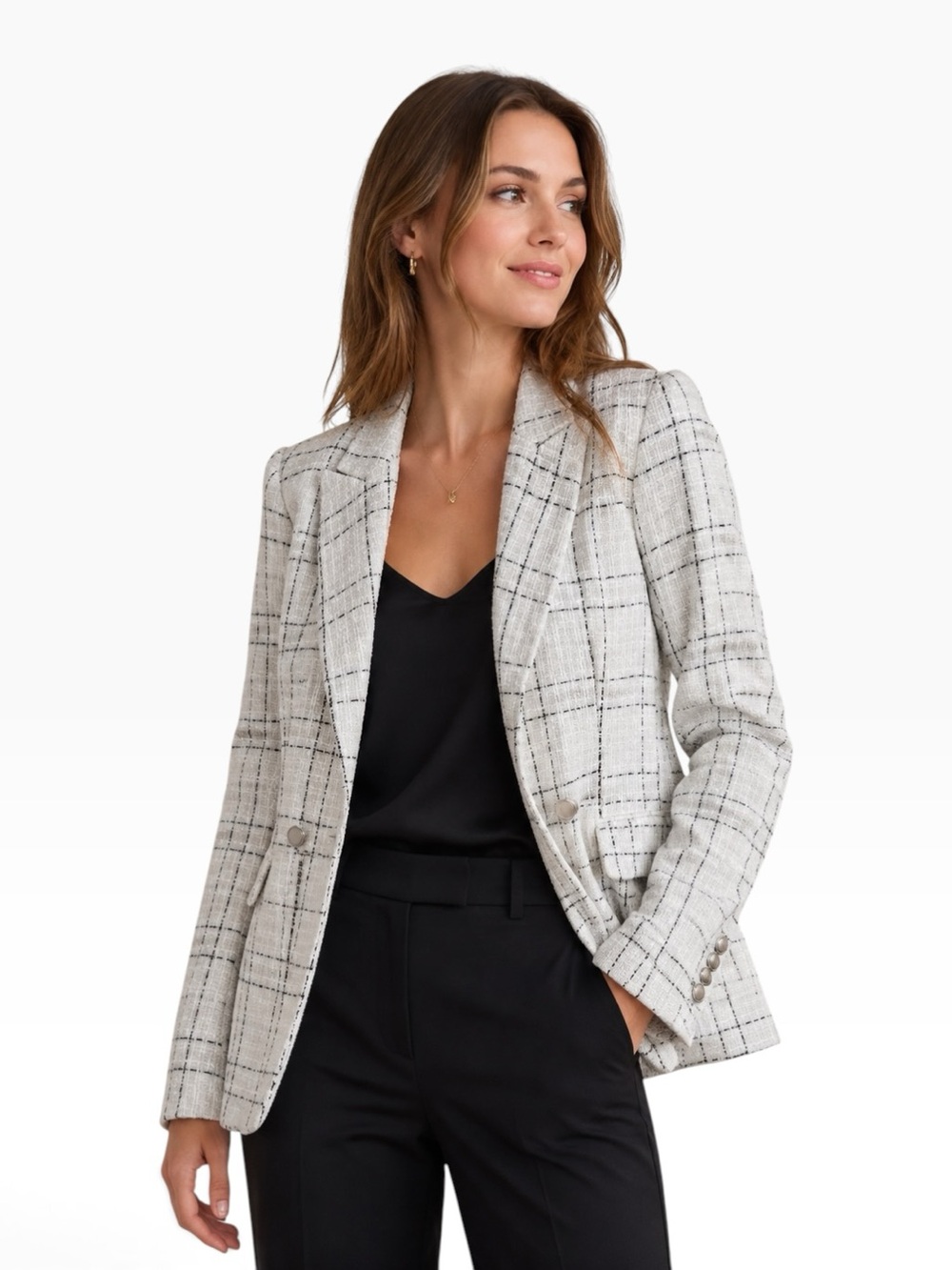 House of Harlow 1960 Ivory Plaid Double Breasted Tweed Blazer Women’s Size M